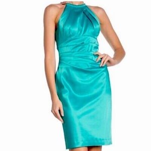 Eliza J Halter Pleated Sheath Satin Dress